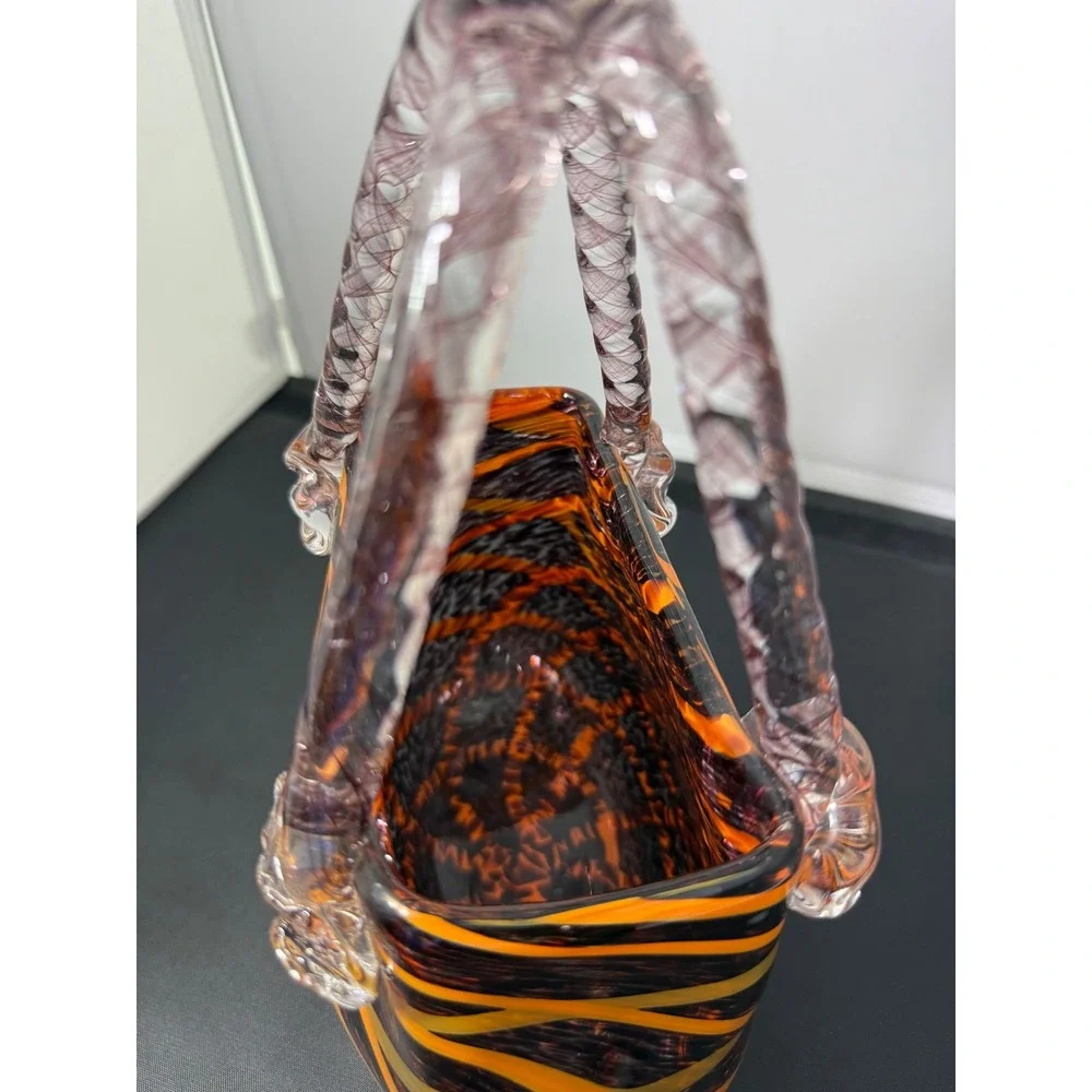 Fifth Avenue Crystal Glass‎ vase Purse Orange Black Swirl Twisted Handles